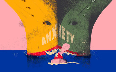 Panic and anxiety attack. Conceptual metaphor in which Anxiety is perceived like a heavy battleship threatening a person. - obrazy, fototapety, plakaty