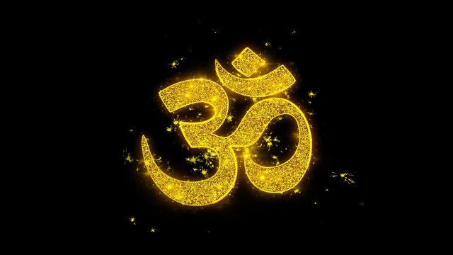 Hinduism, meditation, om, yoga hindu symbol, indian religion Icon Sparks Glitter Particles on Black Background. Shape, Design, Text, Element, Symbol Alpha Channel 4K Loop.