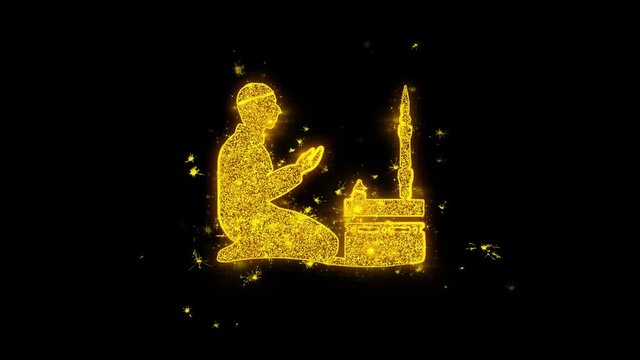 Islamic, pray, prayer, ramadan, religion Icon Sparks Glitter Particles on Black Background. Shape, Design, Text, Element, Symbol Alpha Channel 4K Loop.