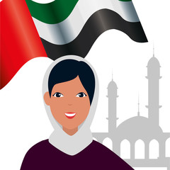 islamic woman with traditional burka and arab flag in mosque