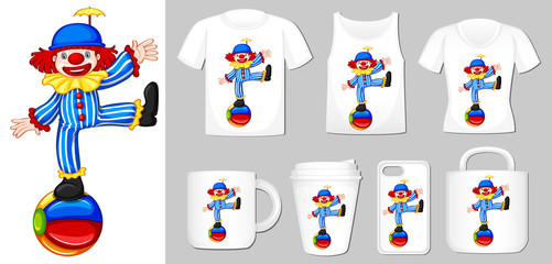Fototapeta premium Graphic of clown on different types of product template