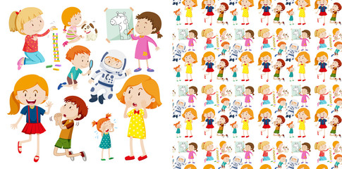 Set of seamless background design with isolated objects theme - children
