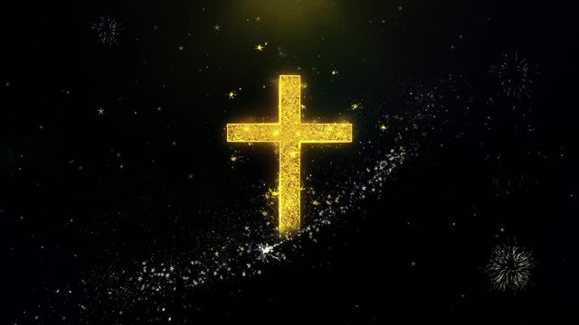 Church Cross Christianity Religion Icon on Gold Glitter Particles Spark Exploding Fireworks Display . Object, Shape, Text, Design, Element, Symbol 4K Animation.