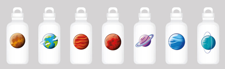 Water bottle design with different planets