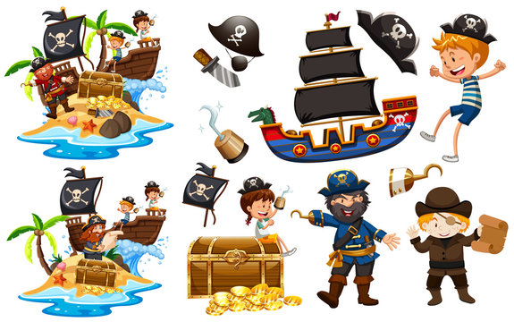 Set of pirates with ship and gold