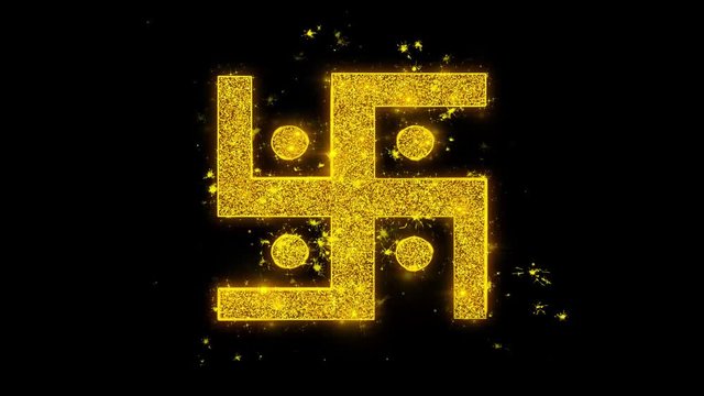 Hindu, holy, indian, religion, swastika, swastika Icon Sparks Glitter Particles on Black Background. Shape, Design, Text, Element Symbol Alpha Channel 4K Loop