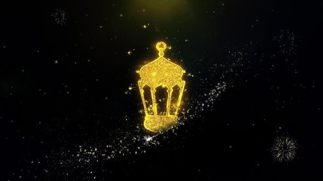 Islamic, islam, religious, Monument, Monuments Icon on Gold Glitter Particles Spark Exploding Fireworks Display . Object, Shape, Text, Design, Element Symbol 4K Animation