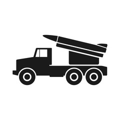 Military truck with a rocket. Black silhouette. Vector drawing. Side view. Isolated object on a white background. Isolate.