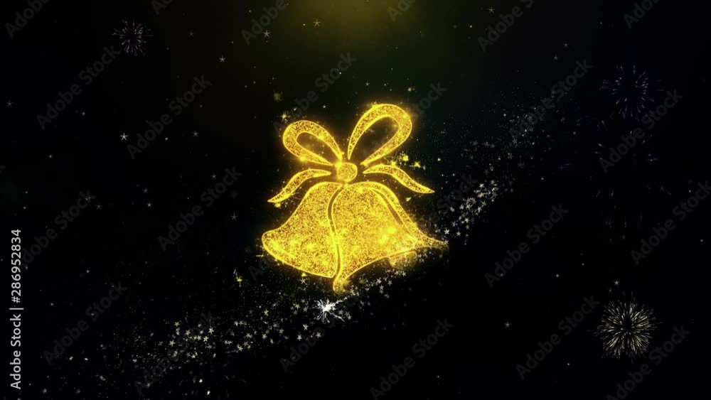 Aufkleber christmas ribbon bow bells icon on gold glitter particles spark exploding fireworks display . object