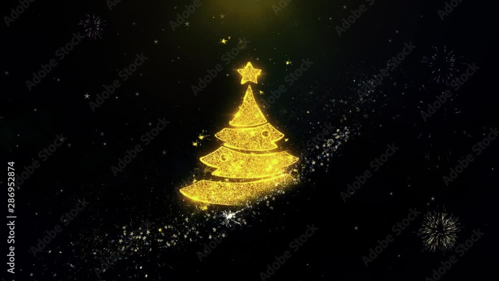 Poster christmas tree star icon on gold glitter particles spark exploding fireworks display . object, shape