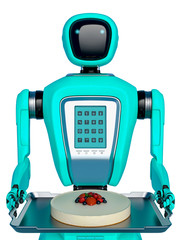waiter robot holding a cheesecake