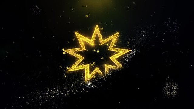 Bahai Nine pointed star Bahaism Icon on Gold Glitter Particles Spark Exploding Fireworks Display . Object, Shape, Text, Design, Element, Symbol 4K Animation.