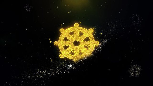 Wheel of Dharma Buddhism religion Icon on Gold Glitter Particles Spark Exploding Fireworks Display . Object, Shape, Text, Design, Element, Symbol 4K Animation.