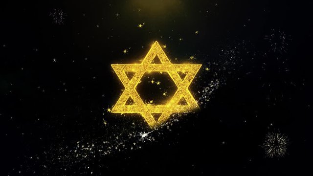 David The Jewish star Religion Icon on Gold Glitter Particles Spark Exploding Fireworks Display . Object, Shape, Text, Design, Element, Symbol 4K Animation.