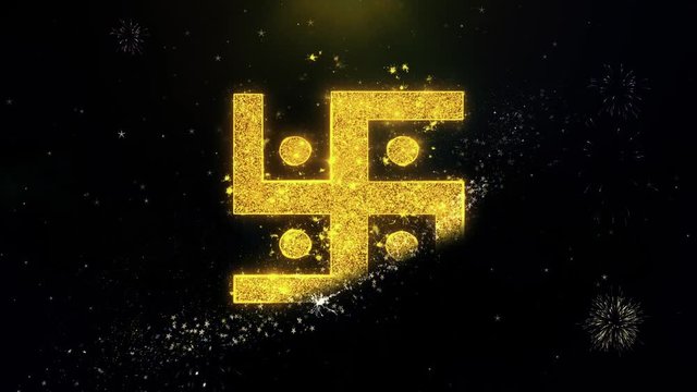 Hindu, holy, indian, religion, swastika, swastika Icon on Gold Glitter Particles Spark Exploding Fireworks Display . Object, Shape, Text, Design, Element Symbol 4K Animation