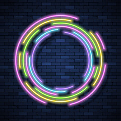 Glowing neon frame on brick wall background