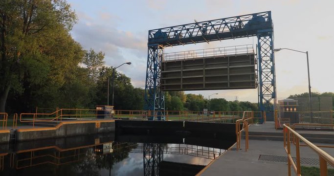 Waterloo canal New York Seneca Lake Lock bridge. Cayuga Seneca Canal. Connects the Erie Canal to Cayuga Lake and Seneca Lake. Transport of cargo from eastern ports and cities.