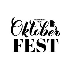 Oktoberfest calligraphy hand lettering with mug of beer. Traditional Bavarian folk festival. Easy to edit vector template for your logo design, poster, banner, flyer, tee-shirt, invitation. 