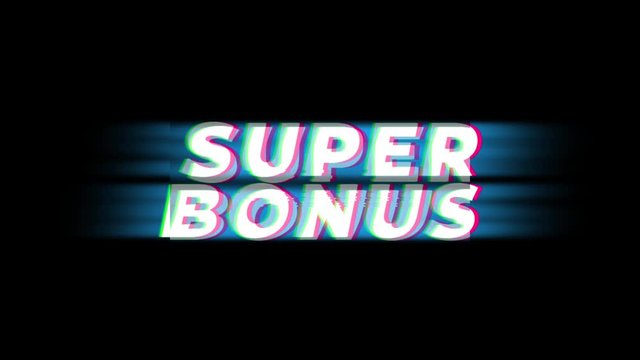 Super Bonus Text Vintage Glitch Effect Promotion Advertisement Loop Background. Tag, Sale, Discounts, Deals, Special Offers, Green Screen and Alpha Matte