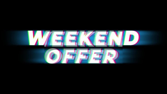 Weekend Offer Text Glitch Effect Promotion Commercial Loop Background. Price Tag, Sale, Discounts, Deals, Special Offers, Green Screen and Alpha Matte