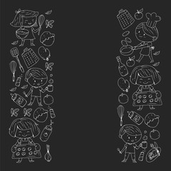 Healthy food and cooking. Fruits, vegetables, household. Doodle vector set.