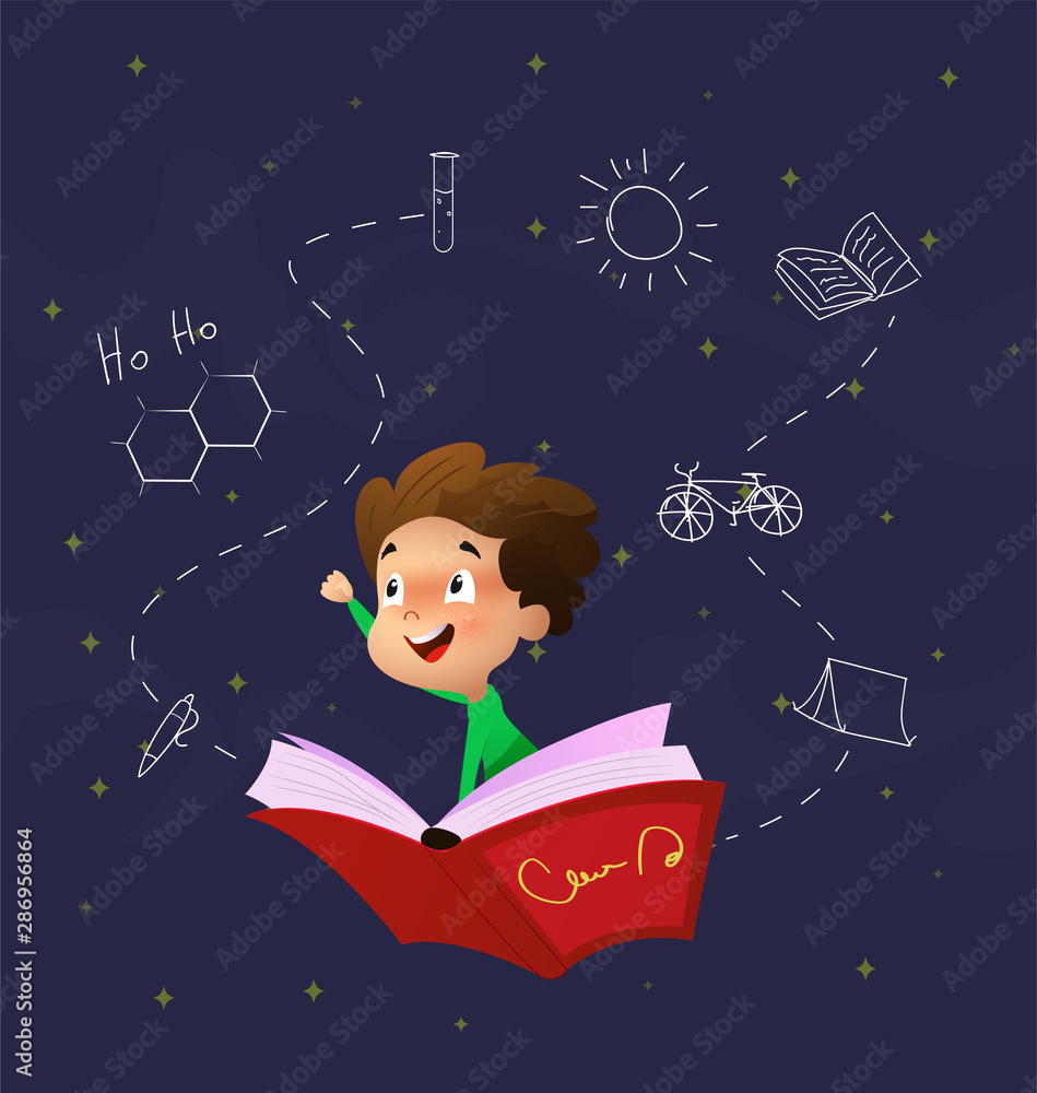 Wall mural Cute cartoon boy fly through night sky riding on book