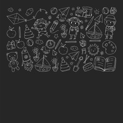Kindergarten with toys. Pattern for children. Little preschool kids education. Drawing, learning, play
