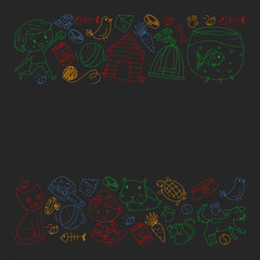 Pet shop. Vector illustration with animals, dog, cat, fish, Colorful background with kitten, bird, puppy. Veterinarian clinic.