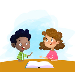 Two kids talking and discuss book in library. - 286956867