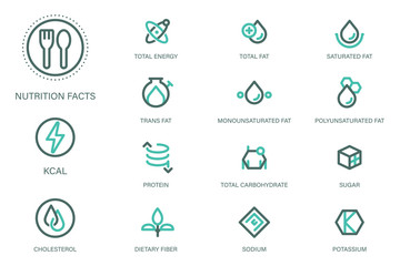Nutrition facts icon in outline style suitable for label modern product and Food science & Research content. Symbols of common nutrients food products.