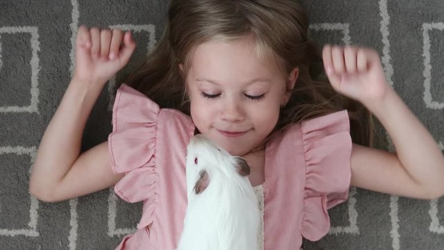 Top View Child Little Girl Plays Strokes Guinea Pig Pet Lying On The Floor 4k