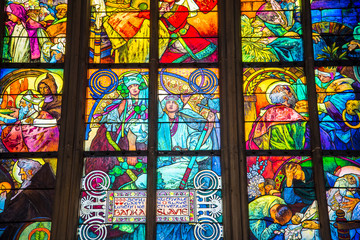 Beautiful stained glass windows in church in Prague in the Czech Republic