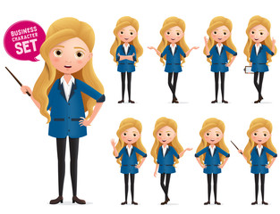 Business woman standing vector character set. Business characters of woman wearing professional  formal attire posing like teacher isolated in white background. Vector illustration.