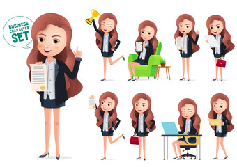 Business woman achievement characters vector set. Business character woman happy holding  certificate and golden trophy award. Vector illustration.
