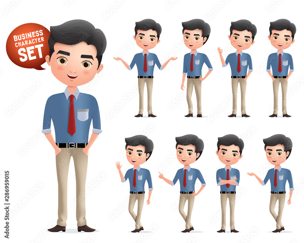 Poster male professional business characters vector set. business manager character standing and wearing wo