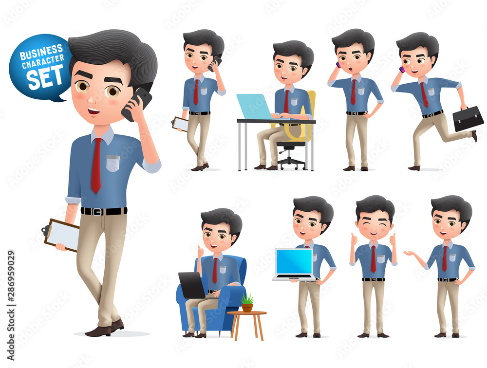 Poster male business character calling vector set. standing business man characters calling and talking wit