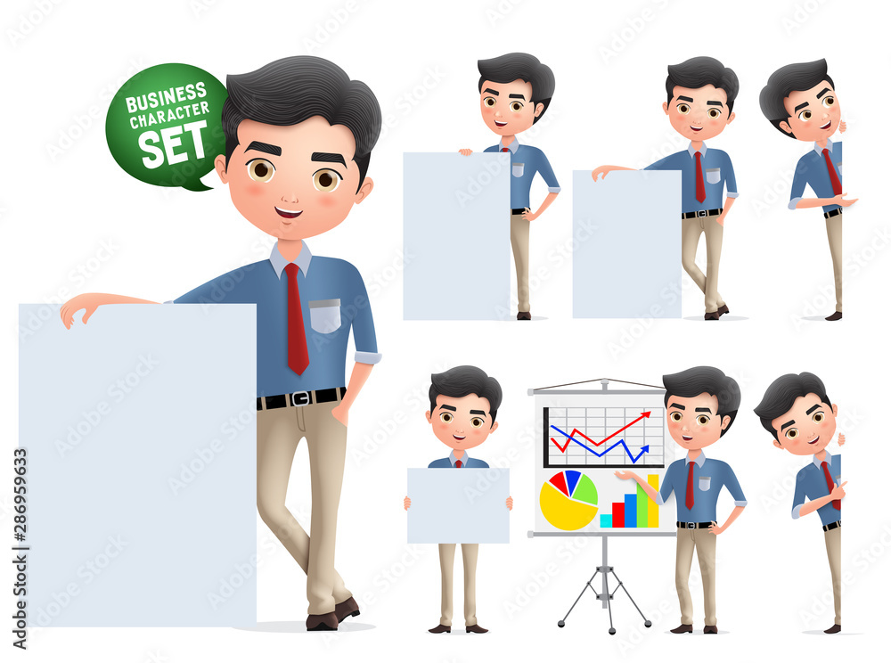 Poster businessman presentation characters vector set. business man character with whiteboard presenting an