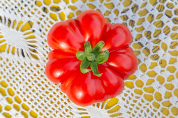 Unusual fresh tomato on the table on a white knitted tablecloth. Harvest with a grandmother in the village.