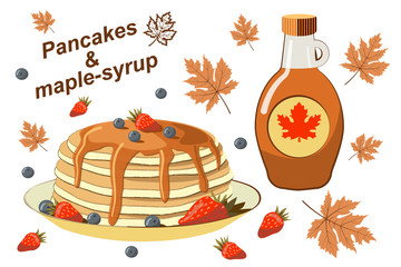 Pancakes with berries and maple syrup.