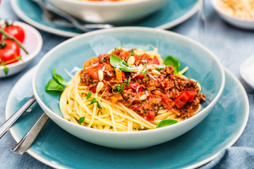 Spaghetti Bolognese mit Tomatensauce und Hackfleisch, geriebenem Parmesankäse und frischem Basilikum