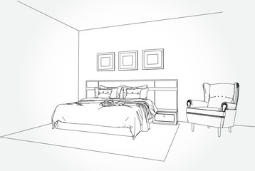 Linear sketch of an interior. Room plan. Sketch Line bedrooms. Vector illustration.outline sketch drawing perspective of a interior space