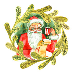 Vintage watercolor cute Santa Claus drinking hot tea, coffee and reads letters. Fairytale winter watercolor Christmas illustration, Holiday design elements