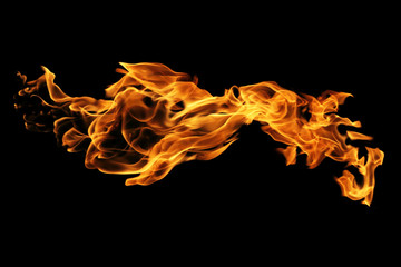 Fire flames isolated on black background, movement of fire flames