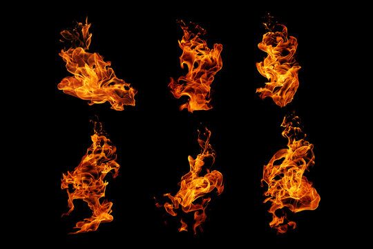 Fire flames collection isolated on black background, movement of fire flames