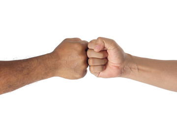 Two men bumping fists isolated on white