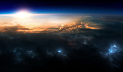 Earth with sunrise on blue space background
