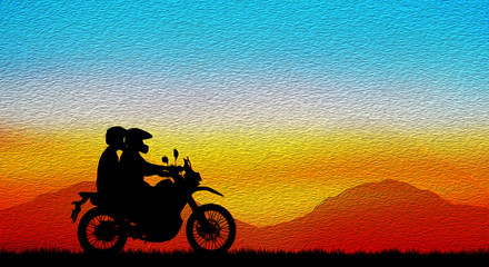 silhouette of lover couple in sunset with classic motorcycle oil painting