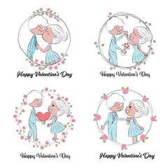 Valentine couple in doodle rose wreath frame collection eps10 vectors illustration