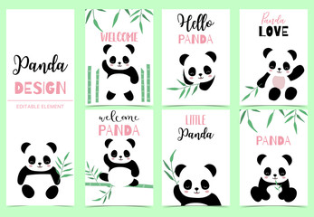 Collection of birthday background set with panda,bamboo.Editable vector illustration for birthday invitation,postcard and sticker.Wording include hello