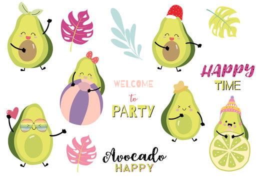Collection of green avocado card set with leaf,avocado christmas.Happy time